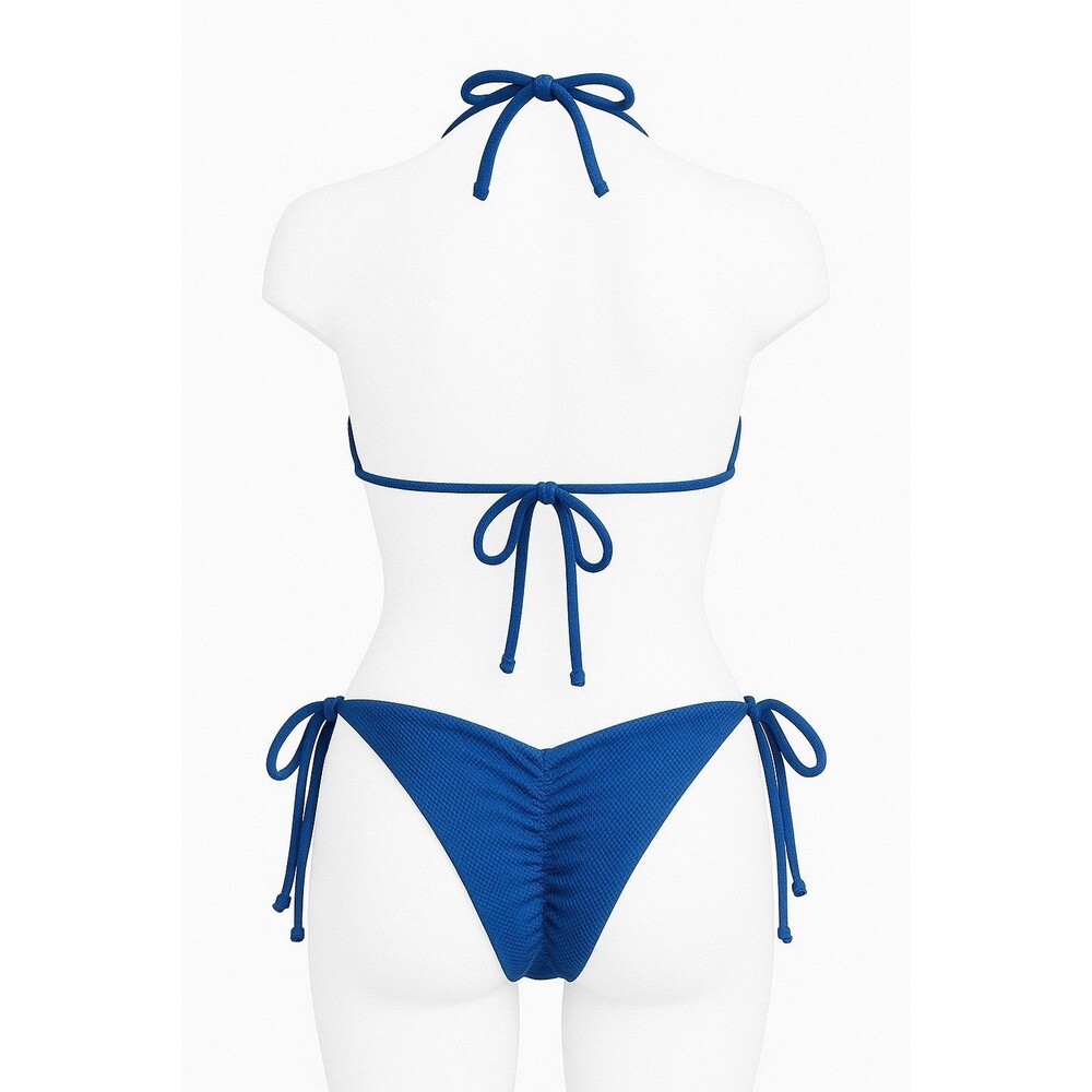 Catherine Fulmer Blue Mesh String Bikini Set XS Ruched Tie Side Triangle USA
